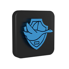 Poster - Blue Flying duck on shield icon isolated on transparent background. Hunting trophy on wall. Black square button.