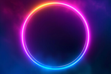 Wall Mural - Blue, pink, and yellow illuminated frame design. Abstract cosmic vibrant color circle backdrop. A collection of glowing neon lighting on a dark background with copy space. Top-view futuristic style.