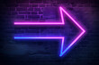 Neon sign on a dark brick wall - Pink and Blue Arrow giving right directions. 3D render backdrop with space for text.