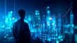 Silhouette of a person analyzing futuristic financial graph on cityscape background.
