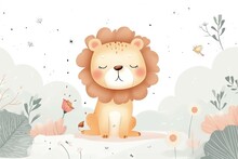 Very Childish Vintage Cartoon Cute And Charming Kawaii Lion Clipart Vector, Organic Forms With Desaturated Light And Airy Pastel Color Palette. Great As Nursery Art With White Background.