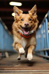 An exuberant reddish-brown dog, likely a mix with Corgi traits, is captured mid-leap in a dynamic photo, embodying joy and vitality