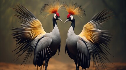 A pair of Grey Crowned Cranes engaged in a graceful courtship dance, their outstretched wings and synchronized movements a mesmerizing display.