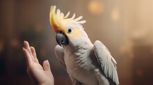 A Cockatiel With Its Crest Raised In A Gesture Of Happiness, Nestled On Its Owner's Finger, A Portrait Of Joyful Avian Companionship.
