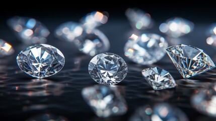 a macro close-up image of many precious stones diamonds or similar zirconia fianit on black background filling the frame.