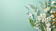 Elegant white and green floral arrangement with diverse textures against a soft pastel blue background.