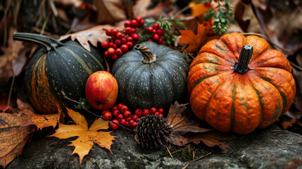 Poster - pumpkins and autumn leaves