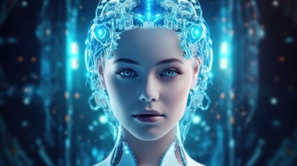 Robot woman with digital technology brain, future concept