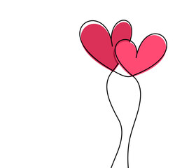 Wall Mural - two pink air balloon hearts continuous wavy line art drawing on white background.