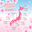 Japan Cherry Blossom Forecast 2024 vector illustration. Map of Japan with Sakura flowers
