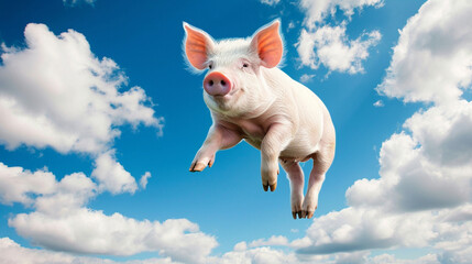 Sticker - Under the blue sky and white clouds, a pig floats in the air