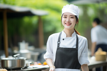 Young pretty Chinese woman at outdoors in chef uniform