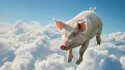 Wall Mural - Under the blue sky and white clouds, a pig floats in the air