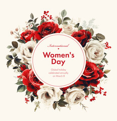 Wall Mural - Women's Day card with pink roses and leaves. Vector illustration.