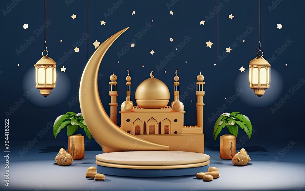 3d illustration Islamic background with mosque, crescent moon, moon ...