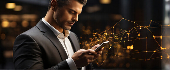 A businessman holding a tablet and looking at a virtual blockchain network with data fields floating around him. A close up shoot of hands and tablet, using a Canon EOS 5D Mark IV with a 70-200mm f/2.