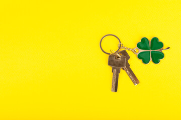 Clover keychain with key ring  on a colored background. Concepts for real estate and moving home or renting property. Buying a property. Mock-up keychain.Copy space.