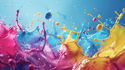 Wall Mural - Colorful paint splashes isolated on blue background