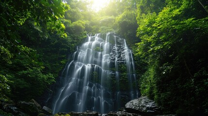 Wall Mural - Panoramic beautiful deep forest waterfall 