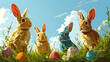 spring green meadow with easter effs and bunny against blue sky,
