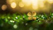 A solitary golden four-leaf clover shines amidst vibrant green grass, symbolizing luck and fortune with a magical glow.