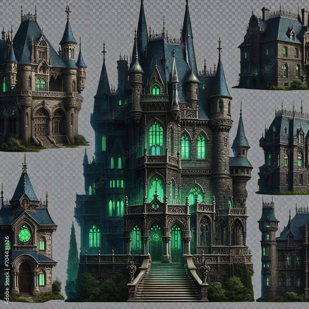 This is a digital artwork of a gothic castle illuminated with green ...