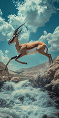 Poster - Under the blue sky and white clouds, antelopes jump over a stream