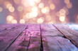 Wood stage special event and soft blur bokeh mauve background empty space for product