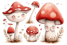 Very Childish Watercolor Vintage Cartoon Cute And Charming Kawaii Red And White Mushroom Clipart Vector, Organic Forms With Desaturated Light And Airy Pastel Color Palette. Great As Nursery Art.