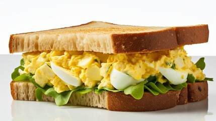 Poster - A classic egg salad sandwich captured in a close-up realistic photo against a white background Generative AI