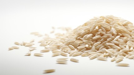 Poster - A small heap of rice grains captured in a close-up realistic photo against a white background Generative AI