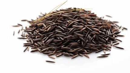 Poster - A small heap of wild rice captured in a close-up realistic photo against a white background Generative AI