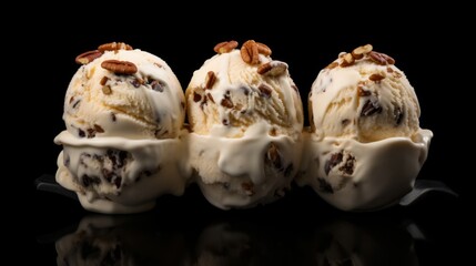 Poster - A trio of butter pecan ice cream scoops captured in a close-up realistic photo against a white background Generative AI