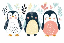 Very Childish Watercolor Vintage Cartoon Cute And Charming Kawaii Penguin Clipart Vector, Organic Forms With Desaturated Light And Airy Pastel Color Palette. Great As Nursery Art.