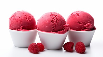Poster - Close-up realistic photo of three scoops of raspberry sorbet on a white background Generative AI