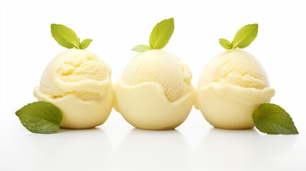 Poster - Close-up realistic photo of three scoops of tangy lemon sorbet on a white background Generative AI