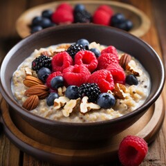 Poster - Stock image of a bowl of oatmeal topped with nuts, seeds, and berries, a healthy and wholesome breakfas Generative AI