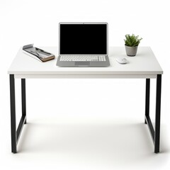 Poster - Stock image of a minimalist computer desk on a white background, compact, efficient design Generative AI