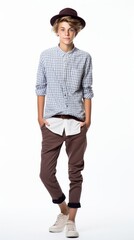 Poster - Stock image of a teenage boy in fashion-forward attire on a white backdrop Generative AI