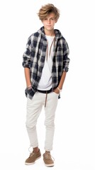 Poster - Stock image of a teenage boy in trendy attire on a white backdrop Generative AI