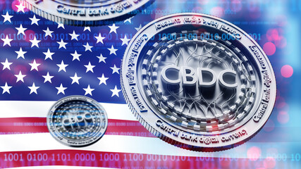 Poster - CBDC in US. American flag. Digital currency of US central bank. CBDC for digitalization of economy. Cryptocurrency of US federal reserve system. Introduction of CBDC in United States. 3d image