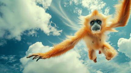 Poster - Under the blue sky and white clouds, a golden monkey jumps down from a high place