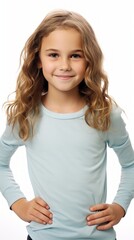 Poster - Stock image of a young girl in casual everyday clothes against a plain white background Generative AI