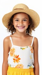 Poster - Stock image of a young girl in a summer outfit against a plain white background Generative AI