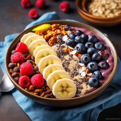 Poster - Stock image of acai berry bowl topped with granola, banana, and berries, nutritious superfood breakfast Generative AI