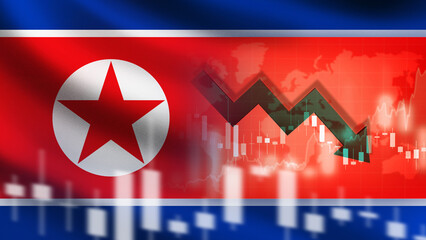 Poster - Economy of North Korea. Crisis in DPRK. Falling chart near national flag. Financial crisis. Economic recession in North Korea. Financial problems in state. Inflation crisis in North Korea. 3d image