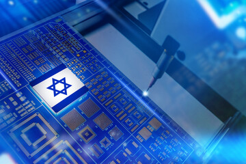 Poster - Microprocessor with Israel flag. Machine for production microelectronics. Manufacturing microchips in Israel. PCB closeup. Digital board made in Israeli. Concept importing microchips from Israel