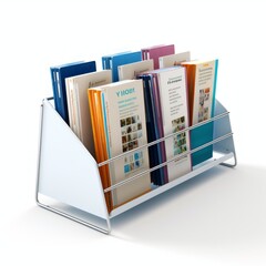 Poster - Stock image of an office magazine rack on a white background, neat, storage for reading materials Generative AI