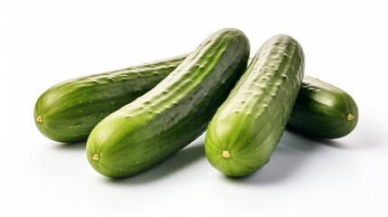 Poster - Three fresh cucumbers captured in a close-up realistic photo against a white background Generative AI