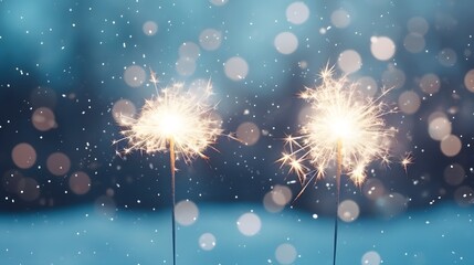 two burning sparklers in snow, party together concept banner background with copy space for happy new year or merry christmas or other festive holiday events